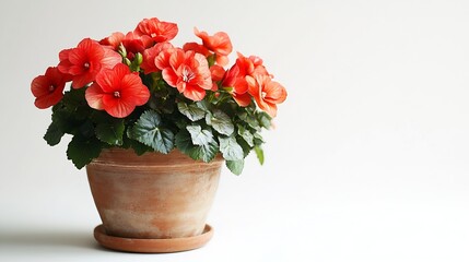 Fototapeta premium Begonia flower in terracotta pot isolated on white : Generative AI