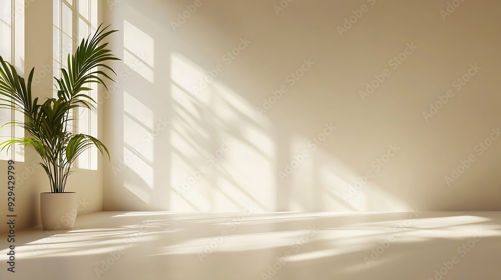 Fototapete beige studio background for product presentation shadow of window and sunlight on empty room white w