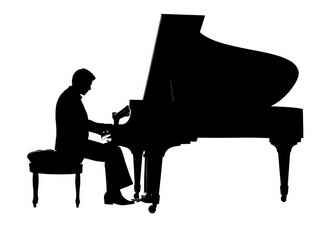 Black Silhouette of a person sitting at a grand piano on a white background.