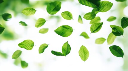 Fototapeta premium Flying green leaves on white background Fresh spring foliage Environment and ecology backdrop : Generative AI