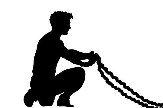 recommend clip art: Black Silhouette of a person pulling a heavy rope on a white background.