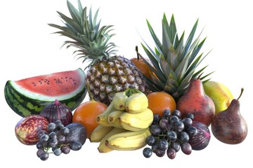 A variety of fruits and vegetables arranged on a white surface for display or photography