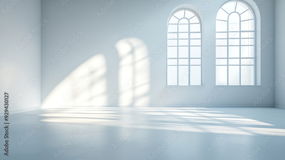 Fototapete Abstract white studio background for product presentation Empty room with shadows of arch window 3d room with copy space Summer concert Blurred backdrop : Generative AI