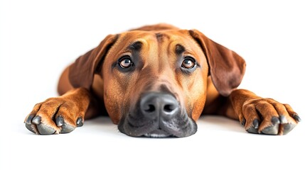 Obraz premium Handsome male Rhodesian Ridgeback dog laying down side ways with head and paws over edge Looking straight towards camera Isolated on a white background : Generative AI