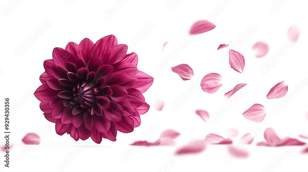 Poster beautiful fresh purple dahlia flower falling in the air isolated on white background levitation or z