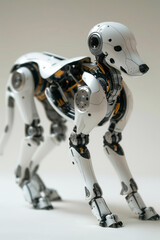 Robot toy on white background, close up. Technology concept, vertical image