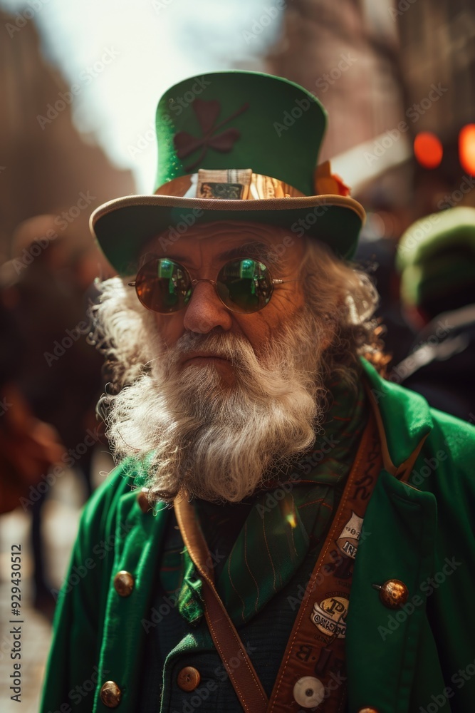 Poster a portrait of a bearded man wearing a distinctive green top hat, great for use as a profile or chara