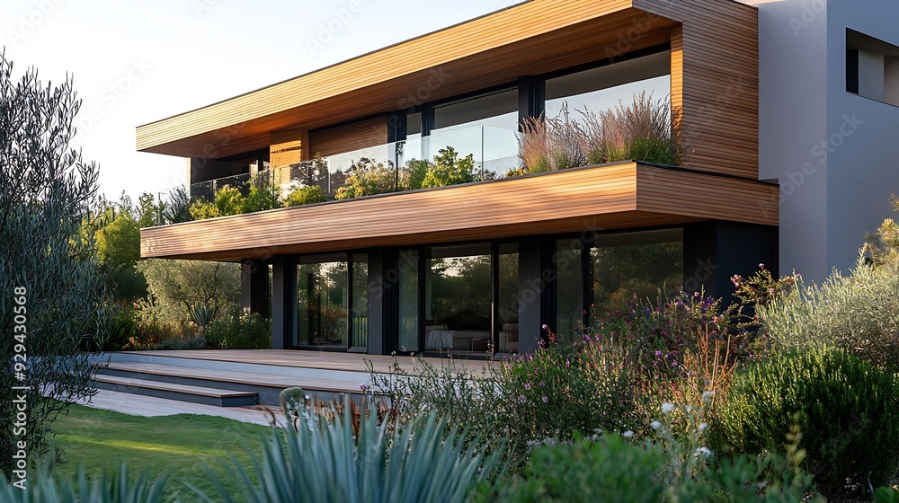 Poster modern house with wooden cladding panoramic window garden : generative ai