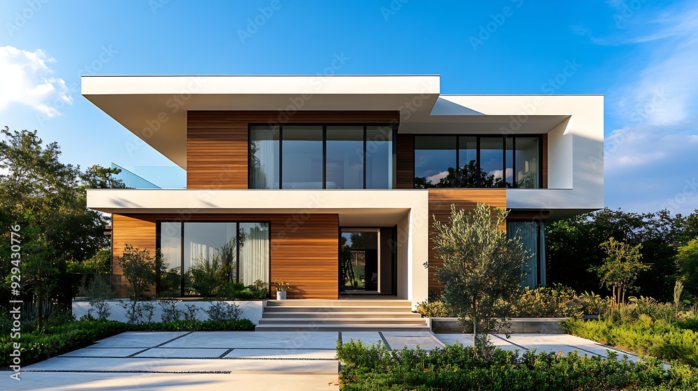 Aufkleber A modern house embodies the essence of contemporary architecture and lifestyle designed with a focus on simplicity efficiency and elegance It features clean lines open floor plans and  : Generative AI
