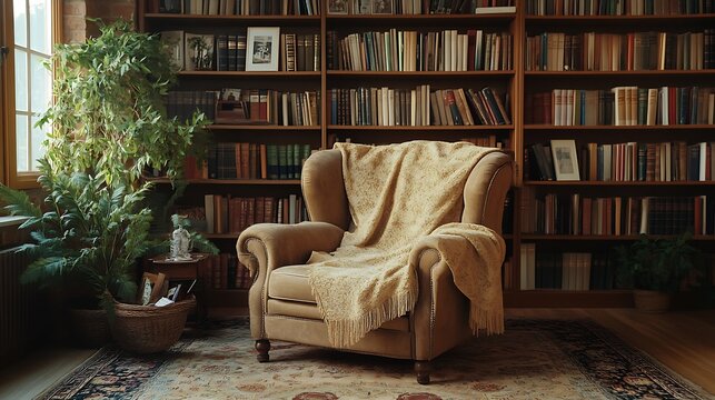 Cozy home library interior with comfortable furniture and collection of different books on shelves : Generative AI