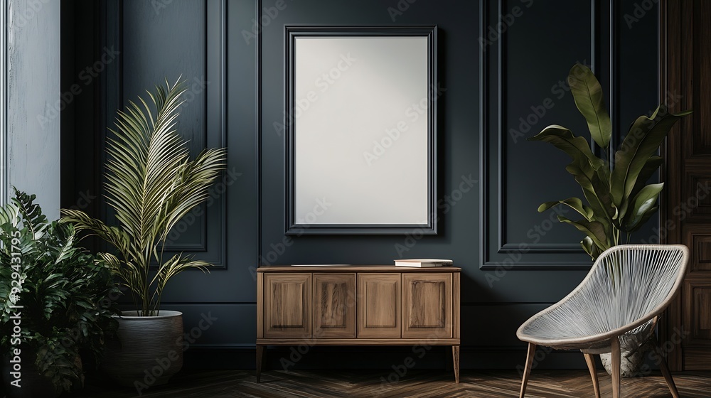 Poster mockup frame on cabinet in living room interior on empty dark wall background3d rendering : generati