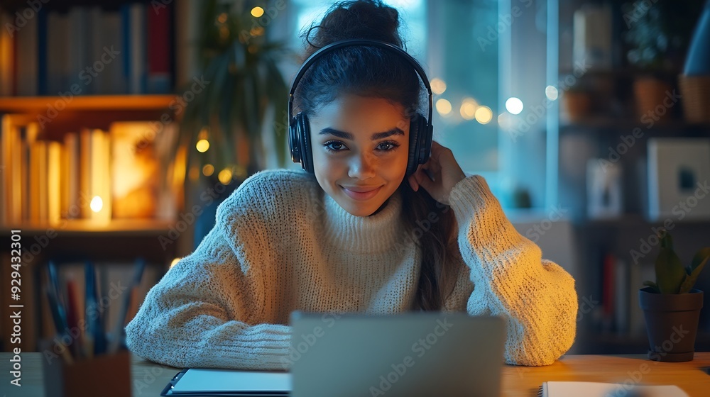 Poster smiling multiracial millennial female student in headphones sitting at the desk watching webinar and