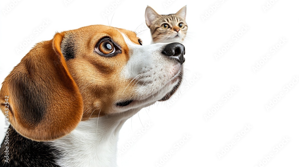 Poster curious beagle dog and cat scottish straight looking up side view isolated on white background : gen