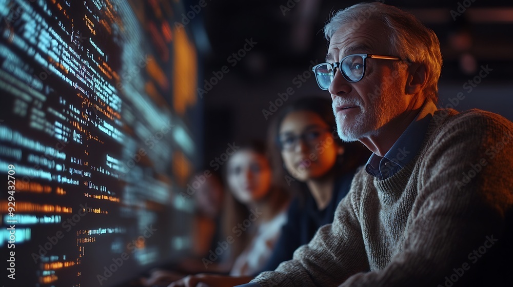 Leinwandbilder Teacher Giving Computer Science Lecture to Diverse Multiethnic Group of Female and Male Students in Dark College Room Projecting Slideshow with Programming Code Explaining Information  : Generative AI
