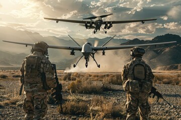 Two military men watching an aircraft taking off from the ground, with a hint of action and attention