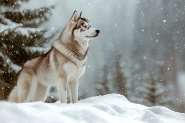 Fototapeta premium A Siberian Husky standing in a snowy landscape, its thick fur contrasting against the white snow, with pine trees in the background. copy space , ai