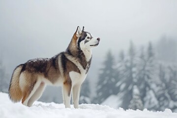 Naklejka premium A Siberian Husky standing in a snowy landscape, its thick fur contrasting against the white snow, with pine trees in the background. copy space , ai