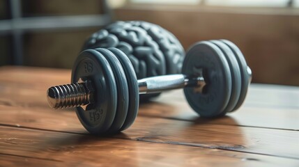 A brain-shaped dumbbell symbolizes mental and physical fitness on a wooden surface.