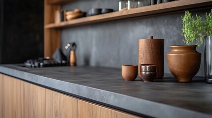 Minimalist wooden grey kitchen with handleless facades andbar table smart storage system Kitchen room organization : Generative AI