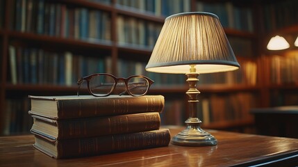 Obraz premium Lamp books and glasses on wooden table in library : Generative AI