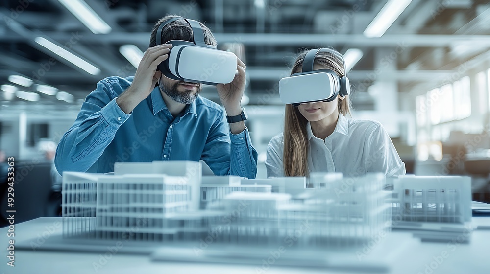 Poster Technology futuristic virtual reality design Team Architect or Engineer designer wearing VR headset for BIM technology working together design 3D model building in office : Generative AI