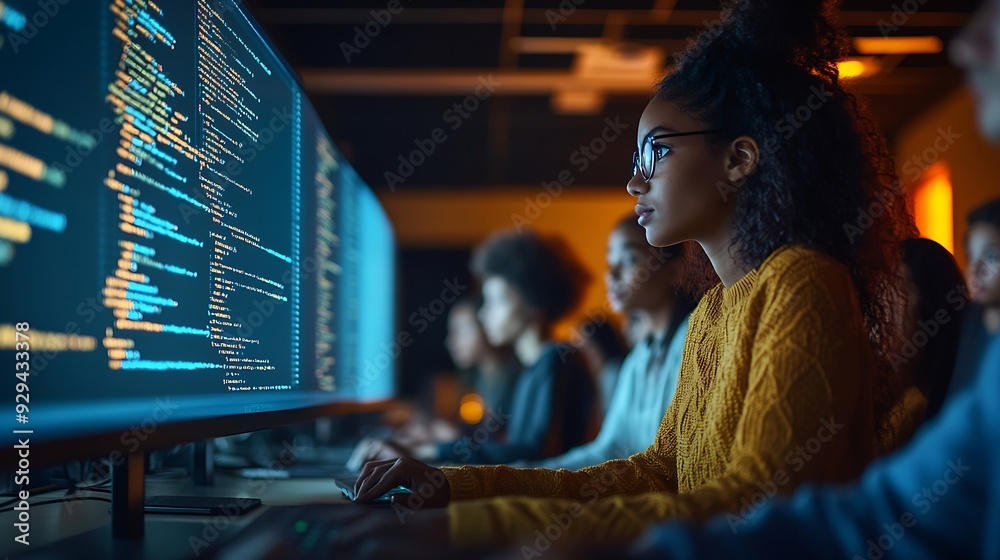 Aufkleber Teacher Giving Computer Science Lecture to Diverse Multiethnic Group of Female and Male Students in Dark College Room Projecting Slideshow with Programming Code Explaining Information  : Generative AI