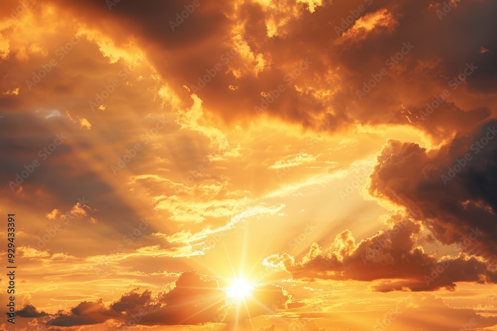 Poster the sun shines brightly through the clouds above the vast ocean, with waves gently rolling in
