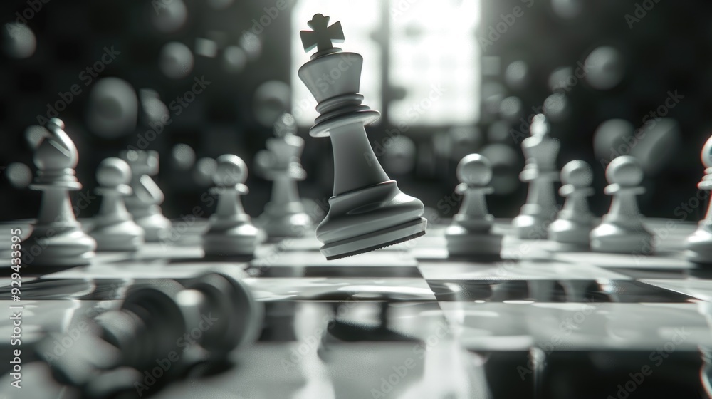 Poster A close-up shot of a chessboard with multiple pieces placed strategically