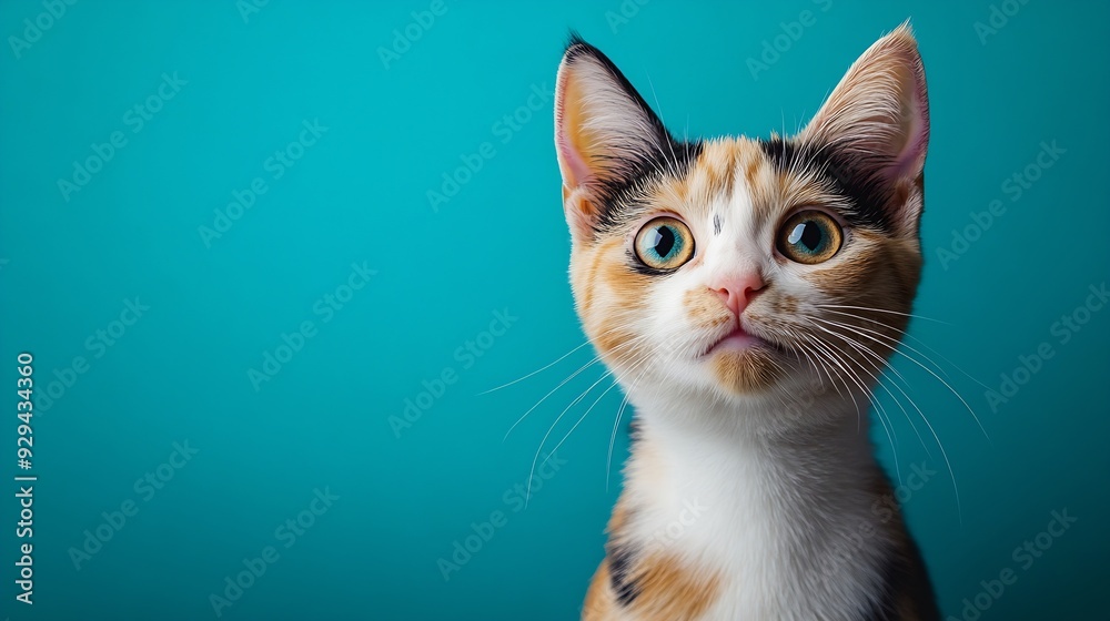 Poster studio portrait of domestic calico cat standing and looking forward against a turquoise background :