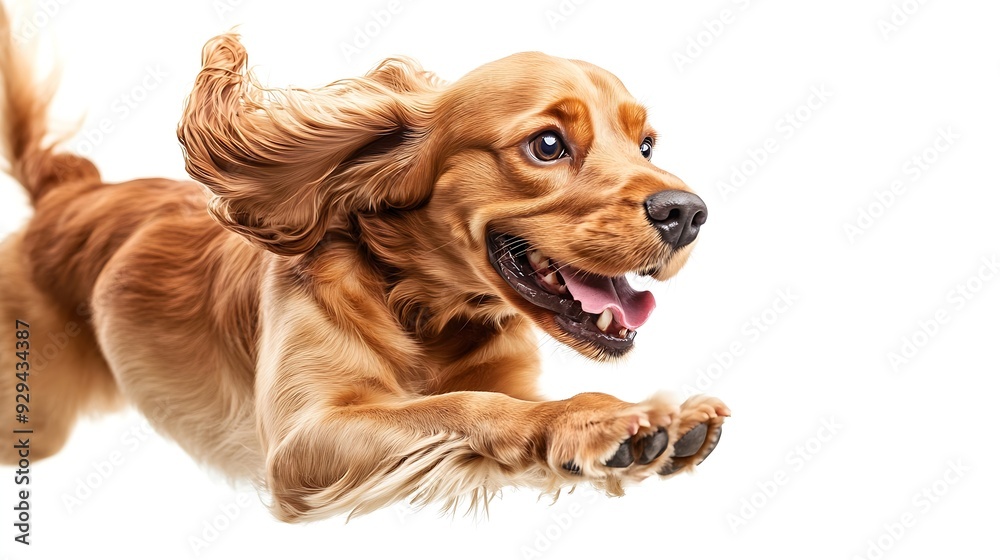 Poster active pet purebred dog english cocker spaniel in motion playing running isolated on white backgroun