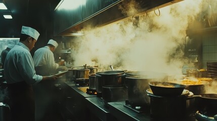 Chefs labor in a busy kitchen, crafting delicious meals as steam fills the air