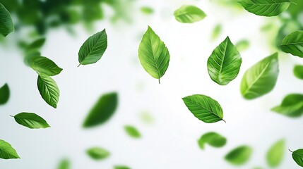 Fototapeta premium Flying green leaves on white background Fresh spring foliage Environment and ecology backdrop : Generative AI