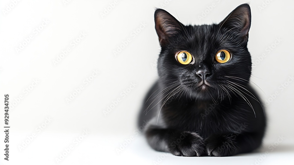 Poster a black cat with yellow eyes is sitting on a white background the cats eyes are wide open giving it 