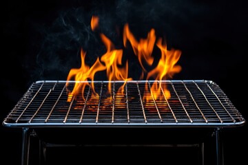 Barbecue Grill With Fire Flames - Empty Fire Grid On Black Background , ai