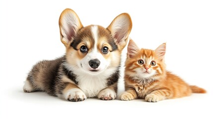 Obraz premium Cute Welsh corgi puppy and a red kitten sit together on a white background isolated on a white background : Generative AI