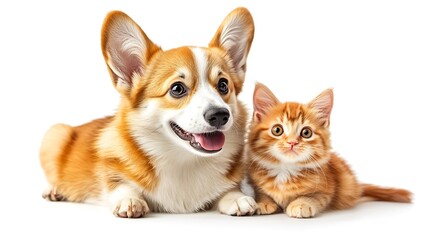 Obraz premium Cute Welsh corgi puppy and a red kitten sit together on a white background isolated on a white background : Generative AI