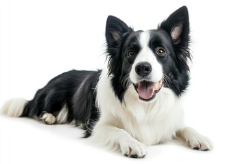 Fototapeta premium Beautiful black and white Border Collie, laying down side ways, mouth slightly open, looking towards camera, isolated on a white background , ai