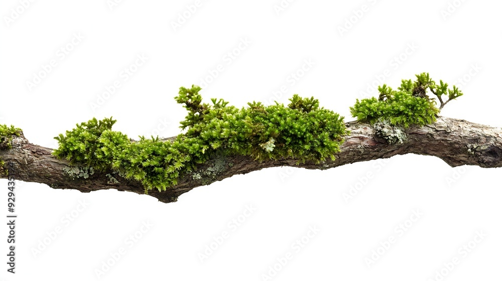 Poster fresh green moss on rotten branch isolated on white side view : generative ai