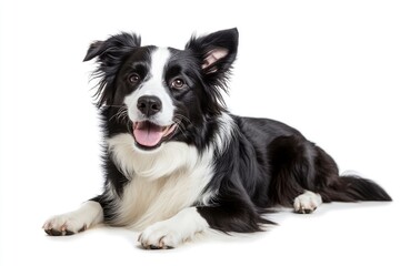 Fototapeta premium Beautiful black and white Border Collie, laying down side ways, mouth slightly open, looking towards camera, isolated on a white background , ai