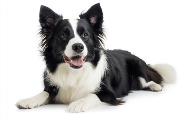 Fototapeta premium Beautiful black and white Border Collie, laying down side ways, mouth slightly open, looking towards camera, isolated on a white background , ai