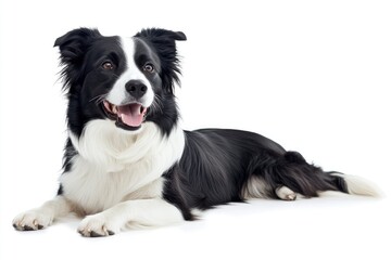 Fototapeta premium Beautiful black and white Border Collie, laying down side ways, mouth slightly open, looking towards camera, isolated on a white background , ai