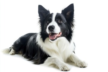 Fototapeta premium Beautiful black and white Border Collie, laying down side ways, mouth slightly open, looking towards camera, isolated on a white background , ai