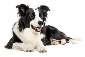 Fototapeta premium Beautiful black and white Border Collie, laying down side ways, mouth slightly open, looking towards camera, isolated on a white background , ai
