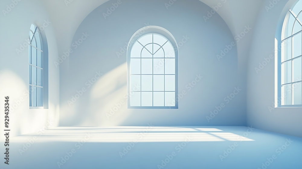 Poster abstract white studio background for product presentation empty room with shadows of arch window 3d 