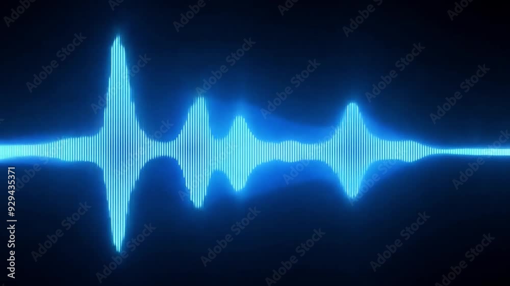 Poster bright blue sound waves pulse rhythmically in a dark setting, illustrating the energy and movement o