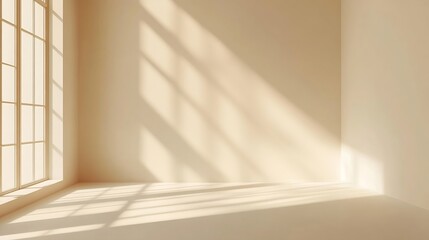 Fototapeta premium Empty Studio 3d exhibition background pastel creamy beige stage with soft natural abstract diagonal window light and shadows Minimal architectural scene for product mock up Front view : Generative AI