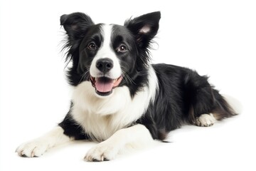 Beautiful black and white Border Collie, laying down side ways, mouth slightly open, looking towards camera, isolated on a white background , ai