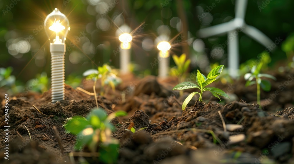 Poster a collection of small light bulbs sits atop a mound of dirt, perfect for use in illustrations or des
