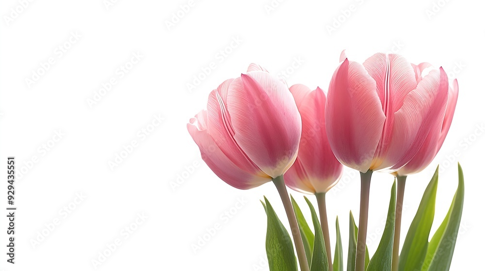 Poster pink tulips flowers on a white isolated background with clipping path flowers on a stem closeup natu