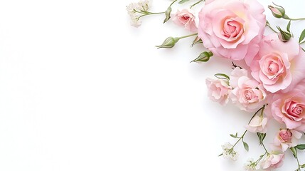 Pink rose and eustoma flowers in a corner floral arrangement isolated on white : Generative AI